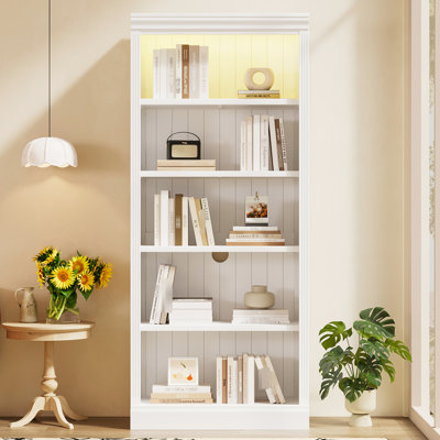 83.4" Tall White Solid Wood Bookshelf With Led Lighting, Adjustable Shelves, And - Dump Feature For Office 5 Tier Modern Bookcase Strip, Stable Storage Study