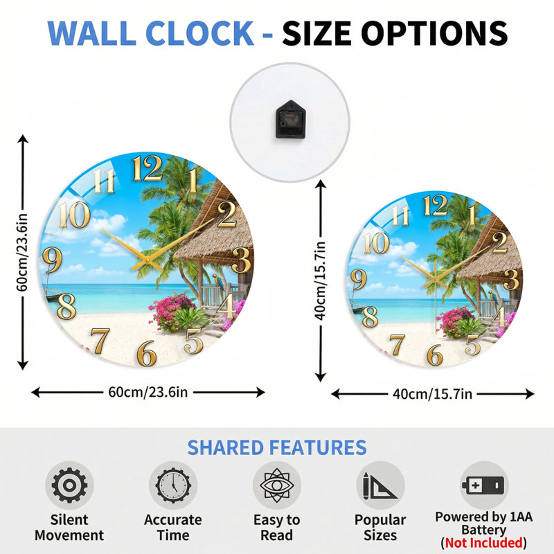 "Tropical Beach", horloge murale en verre, 40 x 40 cm (15,7 x 15,7 pouces)