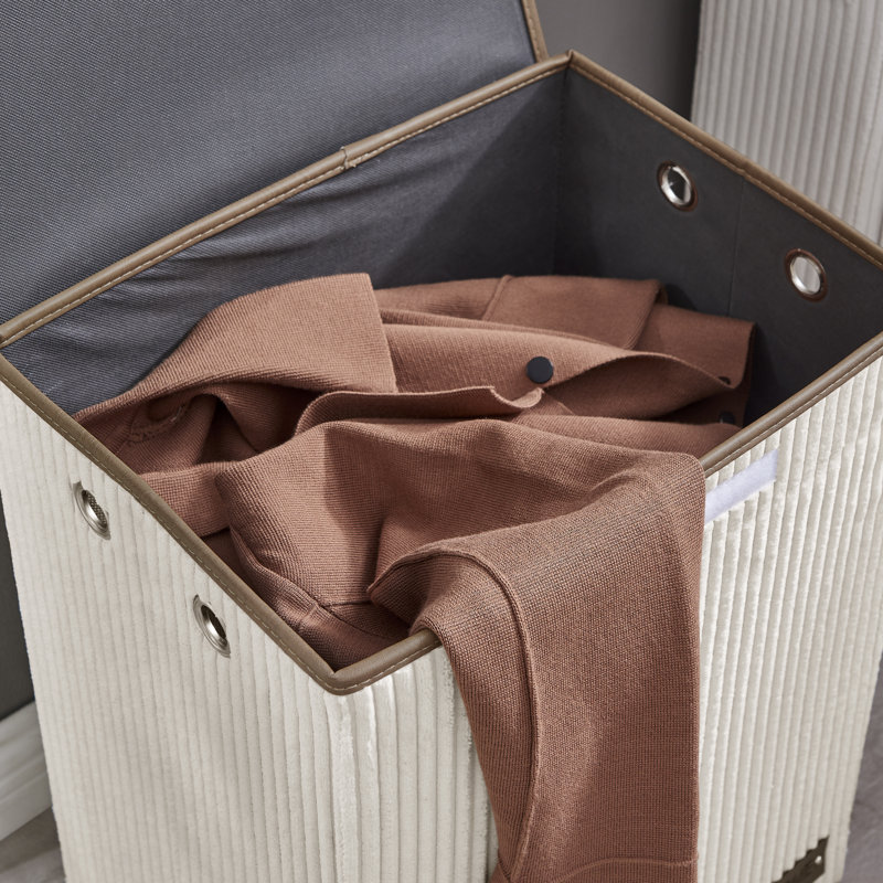 Panier à linge pliable en velours côtelé avec couvercle , Crème, crème