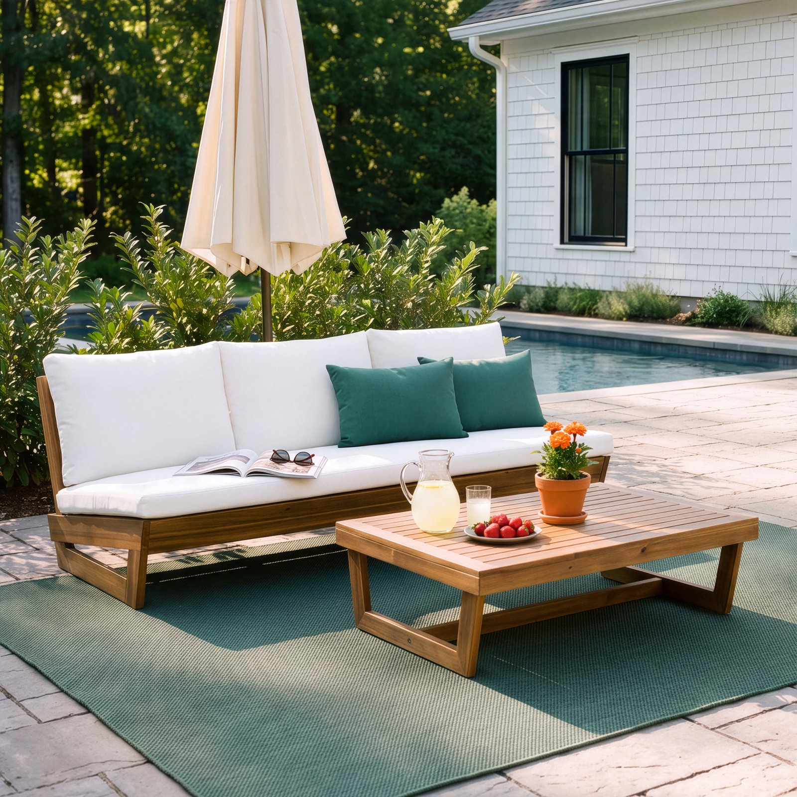 Louise 3-Person Acacia Patio Seating Group, White, Brown