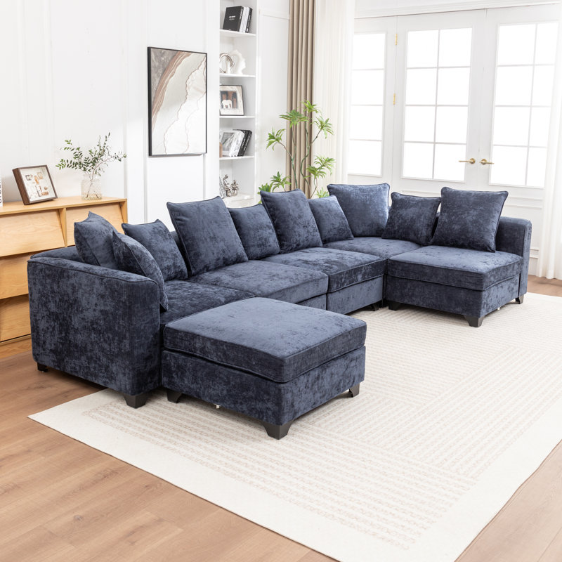 Kempson 6 - Piece Upholstered U-Shaped Sectional Sofa With Ottoman, Blue Polyester
