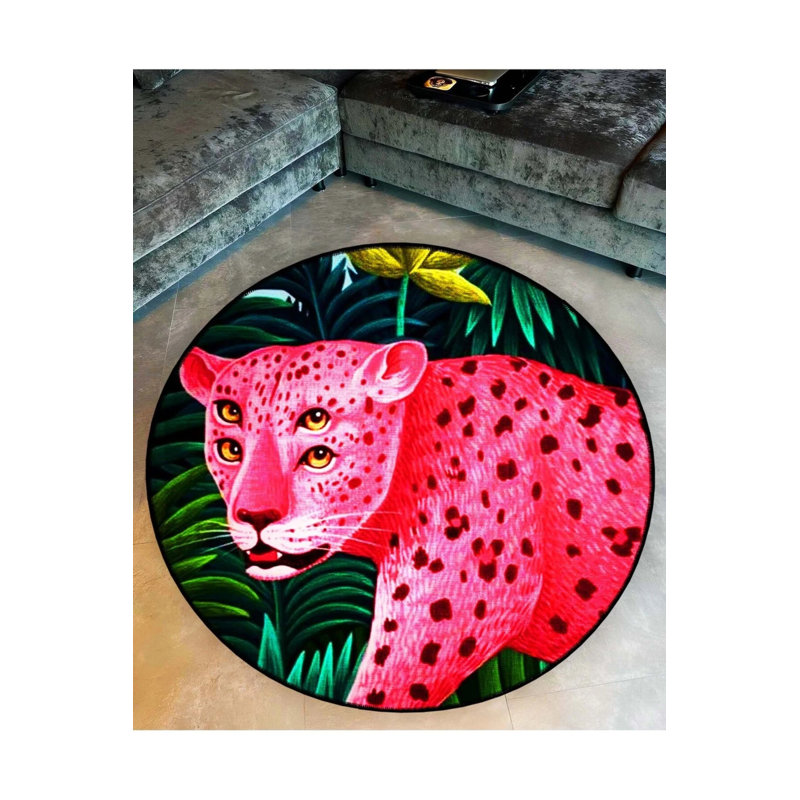 Two Pairs Of Eye Detailed Pink Tiger Patterned Woven Base Decorative Carpet, Round 4'