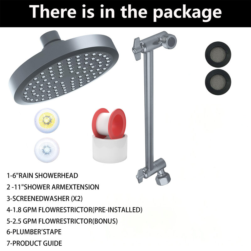 Round Rainfall Shower Head With Adjustable Extension Arm - High Pressure Performance, 1-Min Easy Install (11" Arm) (Fixed Shower Mount Sold Separately)