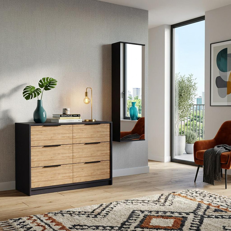 Ensemble de chambre à coucher deux pièces avec miroir noir et brun