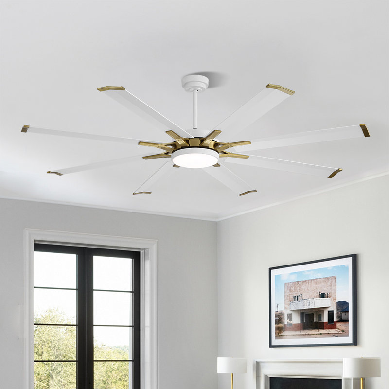 Ventilateur de plafond intérieur avec ensemble d'éclairage et télécommande, moteur réversible, Blanc / Doré, 96", Blanc