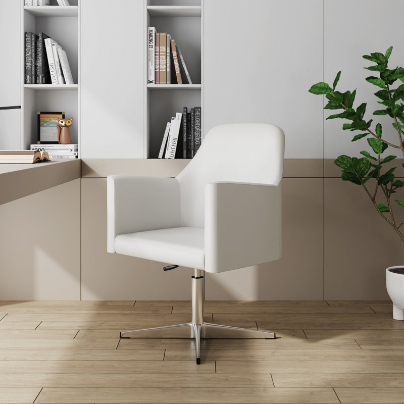 Pelo Modern Vegan Leather Upholstered Metal Swivel Armchair in White, White Faux Leather