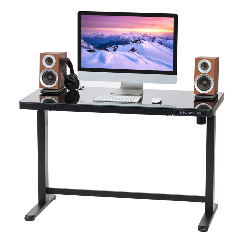Black Adjustable Glass Top Standing Desk with USB Port