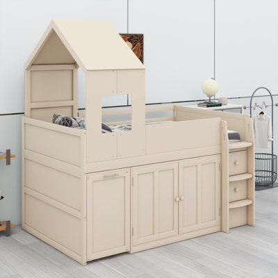 Functional Loft Bed Frame with Attached Desk, Drawers, and Enclosed Cabinets