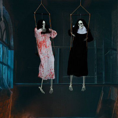 2 Pack 3FT Hanging Grim Reaper Ghost Decorations with Red LED Eyes & Horror Scream, Light-Up Swinging Skeleton Props for Halloween Yard, Porch, Patio, Lawn & Indoor Party Decor