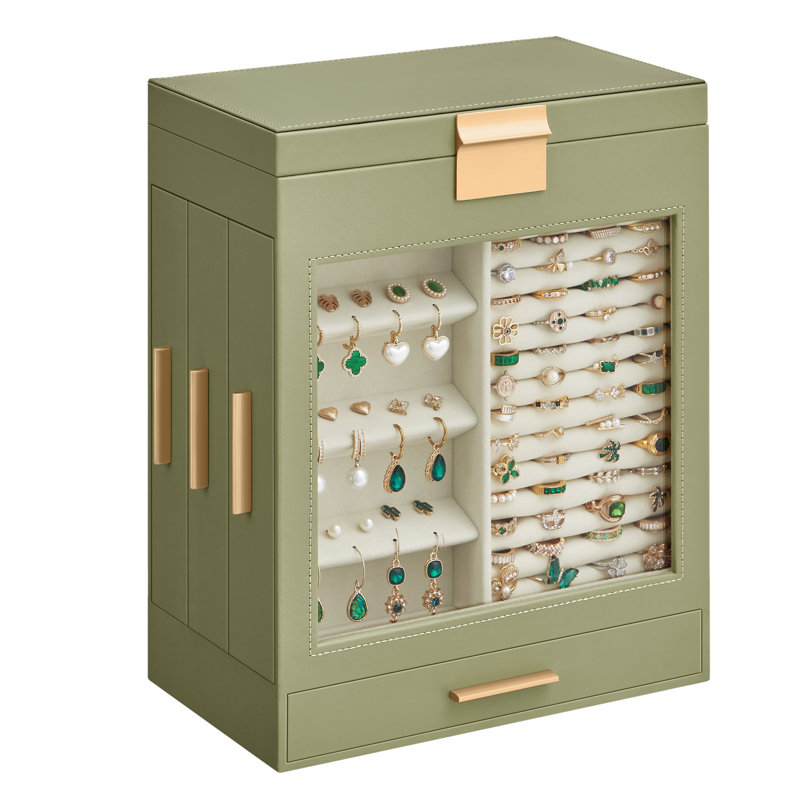 Boîte à bijoux en bois + miroir, Vert laurier