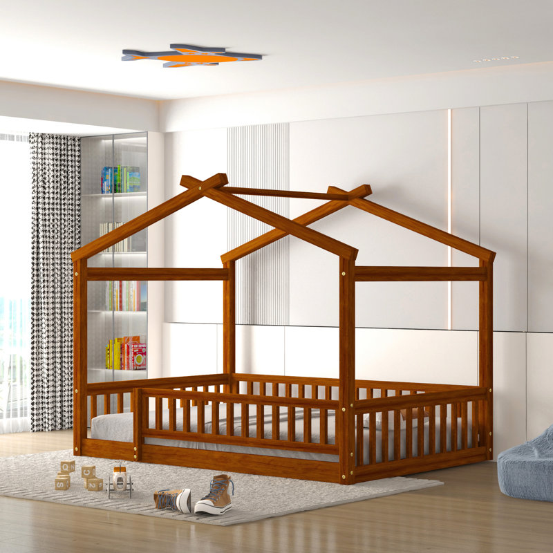 Structure de lit en bois pleine grandeur avec clôture, noyer, pour, adolescents, pin, espace de jeu et de sommeil, conception semi-fermée en noyer de pin, aire de repos, espace de repos