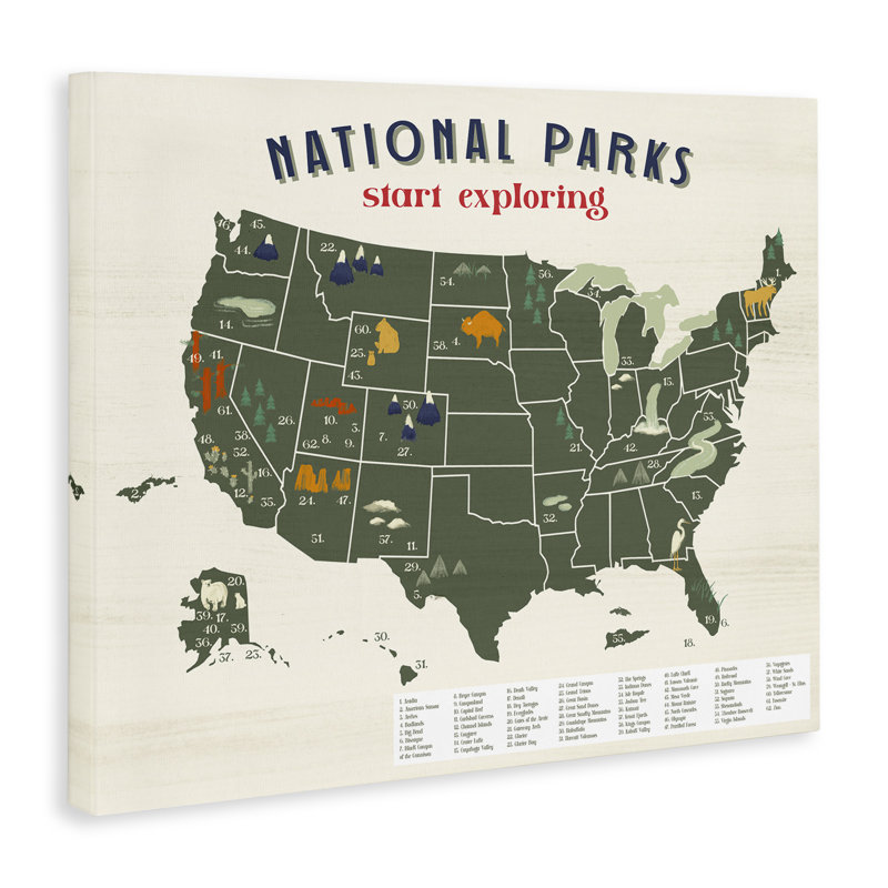 «National Parks Map with Numbered Key United States», art mural surdimensionné par Daphne Polselli, H 13 po x l 19 po