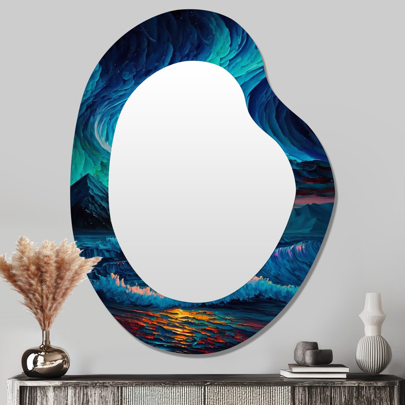Mystique aurore boréale, montagnes arctiques II - miroir décoratif asymétrique de plage, miroir mural bleu de forme unique, impression d'art en métal