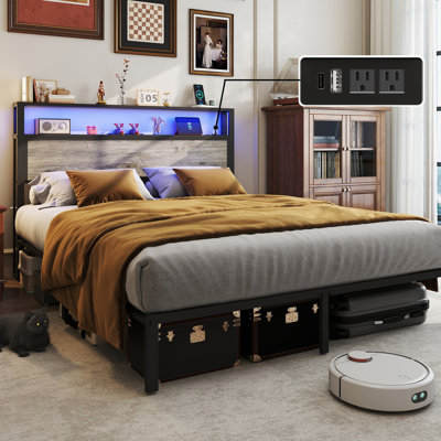 Bed Frame with 2-Tier Storage Headboard, Platform Bed with LED Lights and Charging Station, Underbed Storage Space