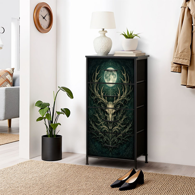 Commode 4 tiroirs pour chambre à coucher, commode étroite, plateau en bois et structure de bureau en fer 18 po x 37,5 po (lxH) - avec crâne de cerf gothique foncé et impression pleine lune