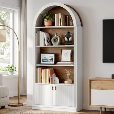  4-tier Freestanding Bookshelf With Wave Panel Doors, Adjustable Shelf
