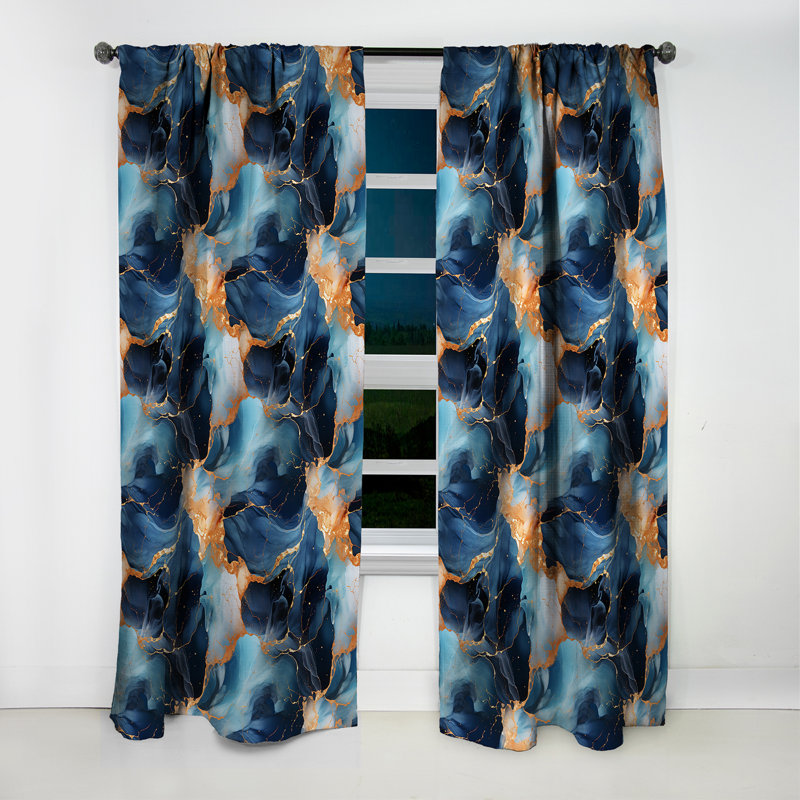 Blue and Gold Celestial Radiance Marble Bliss - Rideau occultant en marbre abstrait - 1 panneaux, L 52 po x L 90 po