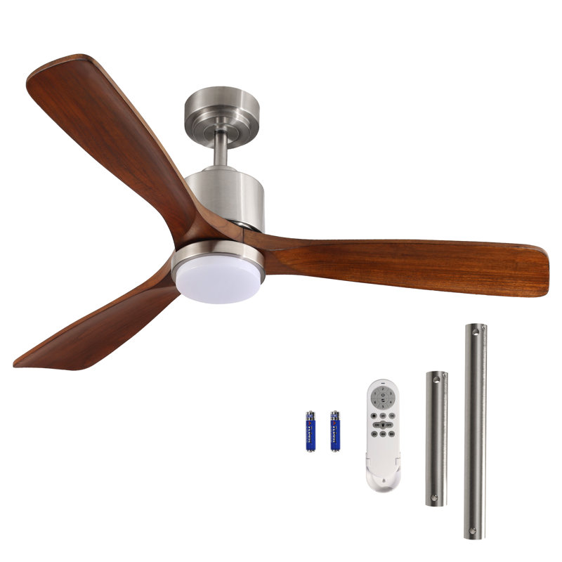 Frankin 52'' Solid Wood Ceiling Fan with LED Lights, Silver with Brown Blades