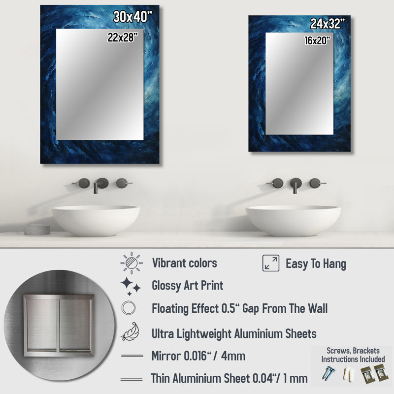 «Blue Swirl Wave Spiral VII», miroir mural unique en spirale abstraite, art moderne imprimé, 32 po x 24 po