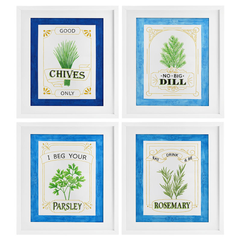«Kitchen Herb Puns», ensemble de 4 impressions encadrées sous verre, design par Lara Beeston, H 21 po x l 17 po