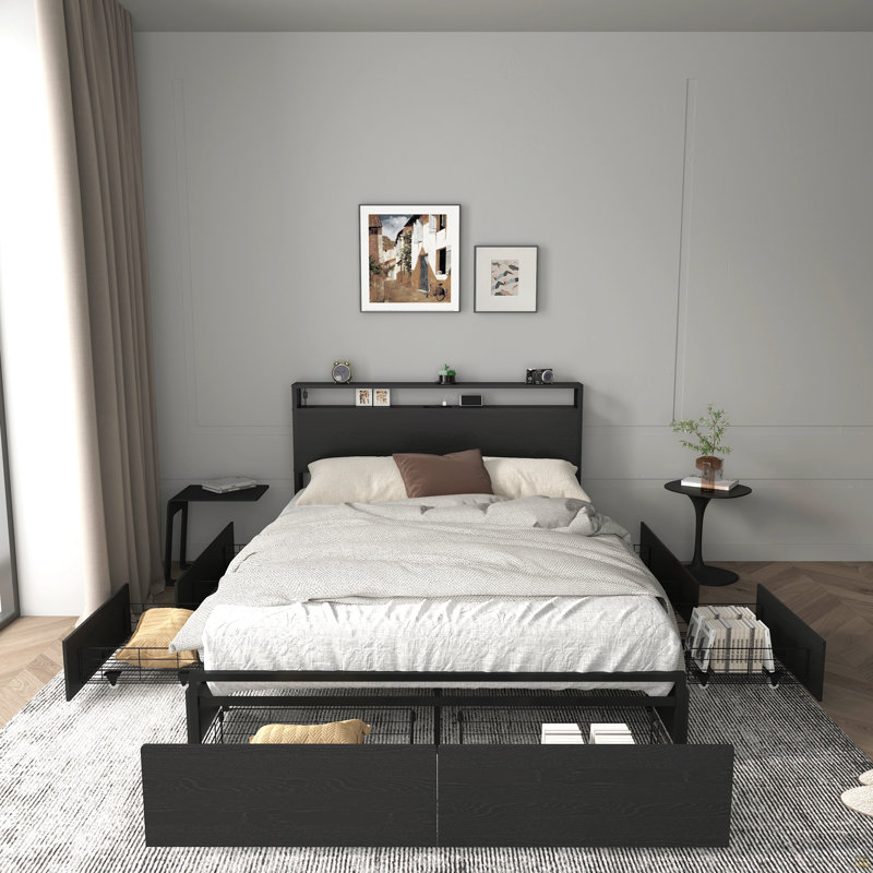 Full Bed Frame, Storage Headboard With Charging Station, Solid And Stable, Noise Free, Full
