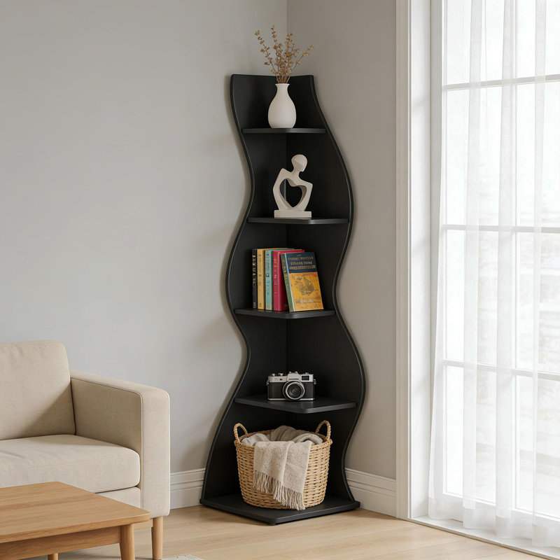 Vintage Wall Corner Bookcase,5-Tier Bookcase,Corner Shelf, Black