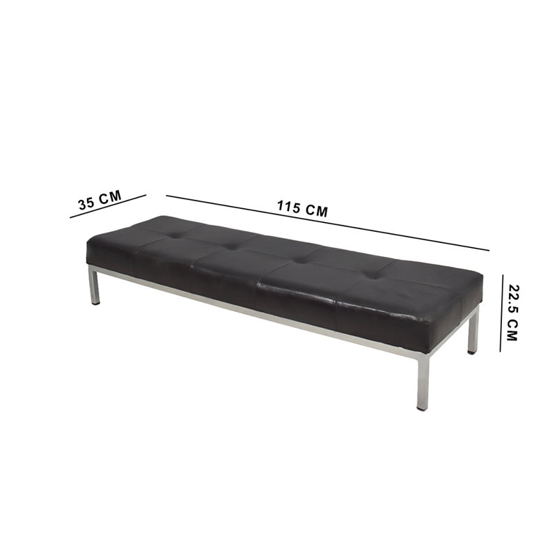 Alleffra Low Bench Foot Rest. 115cm Wide. Black Leather Button Tufted Upholstered Seat