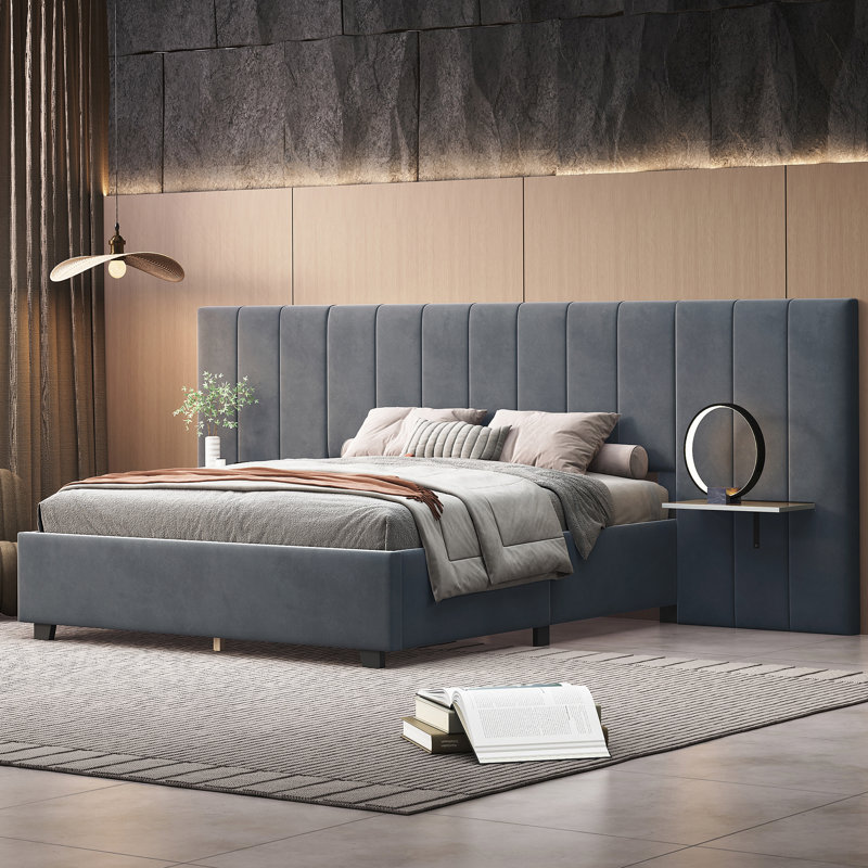 Lit plateforme tapissier avec grande tête de lit, mobilier de chambre à coucher, gris