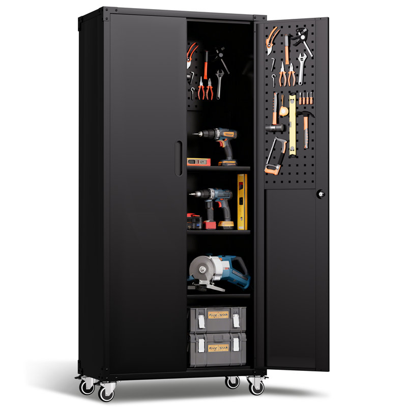 71" H Metal Garage Storage Cabinet with Wheels - Rolling Tool Cabinet with 2 Doors and 4 Adjustable Shelves, Black