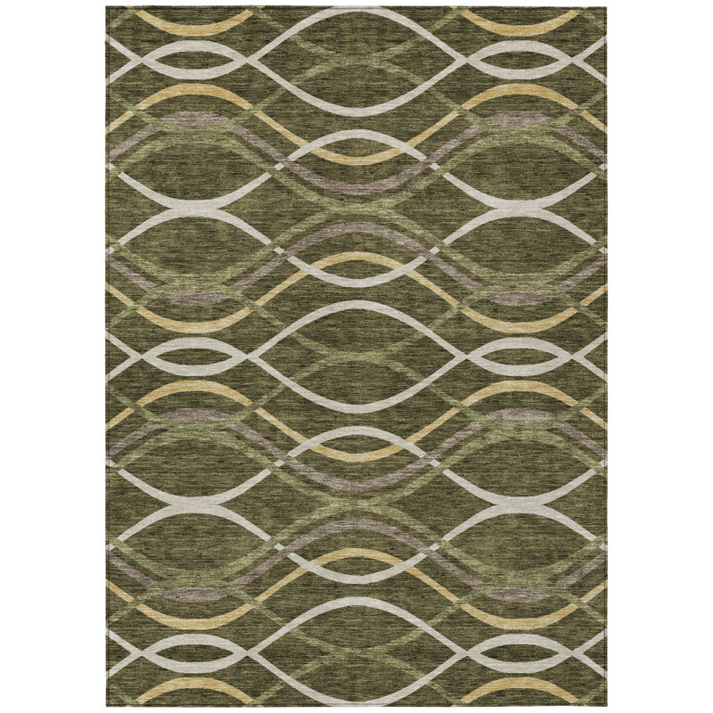 3' X 5' Olive Green Fern Green And Ivory Abstract Washable Indoor Outdoor Area Rug