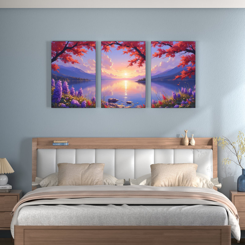 Tableau sur toile tendue représentant un coucher de soleil d'automne sur un lac avec des fleurs violettes et des arbres rouges (lot de 3)