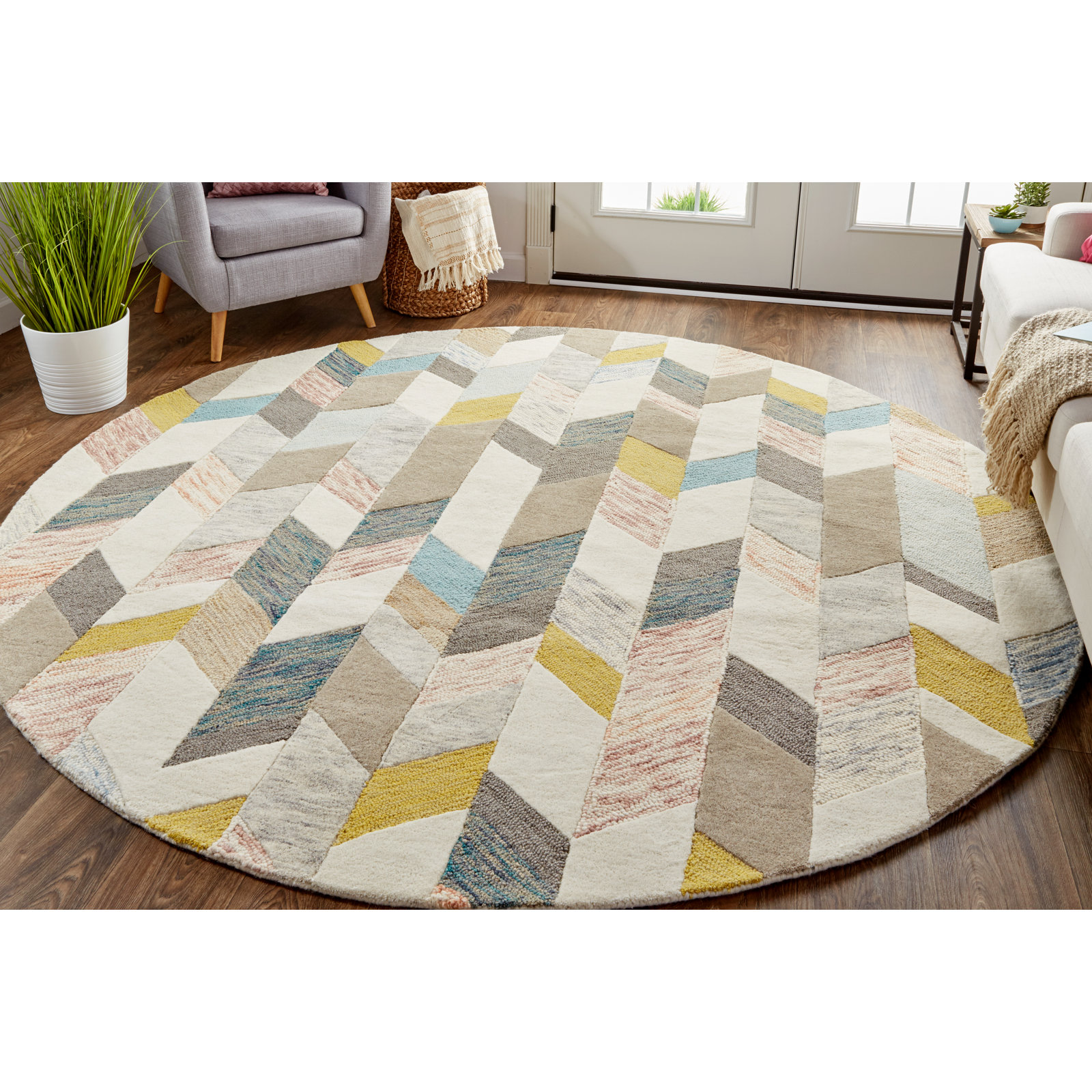 Binada Blue Gray Hand-Tufted Chevron Rug, Round 8'