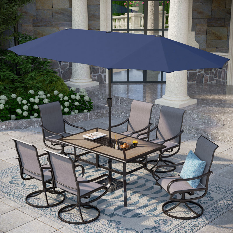 8pcs Outdoor Patio Dining Sets With Umbrella, Gray, Blue