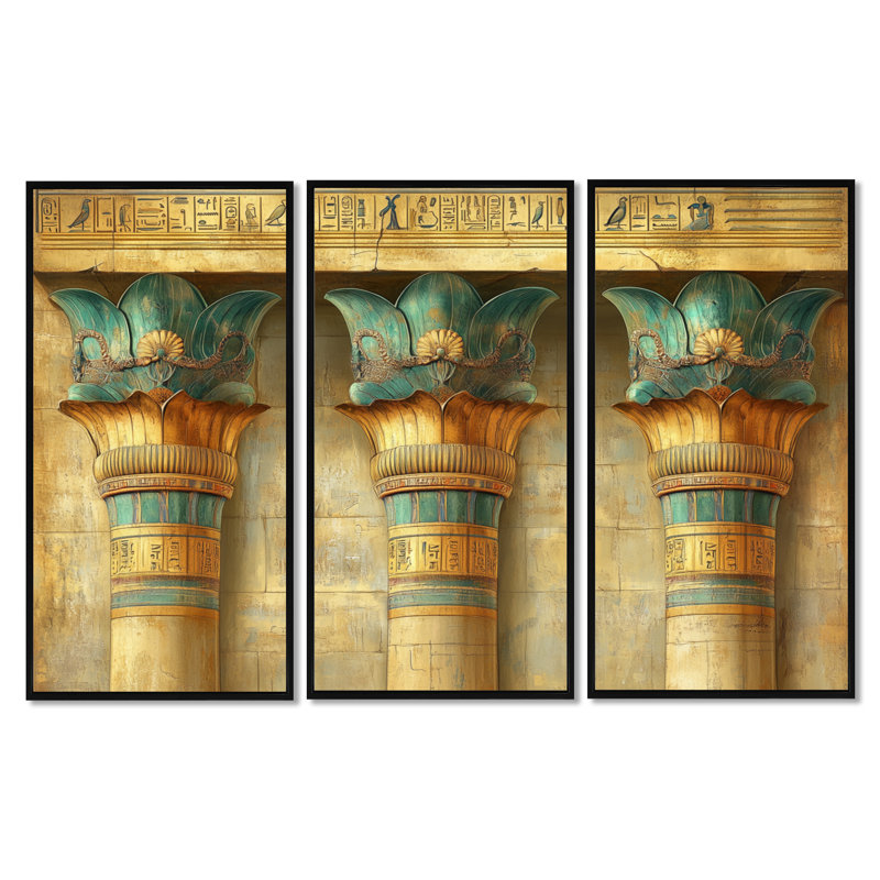 Lotus colonne du Nil - art mural égyptien encadré 3 panneaux, H 40 po x l 60 po, Cadre flottant noir