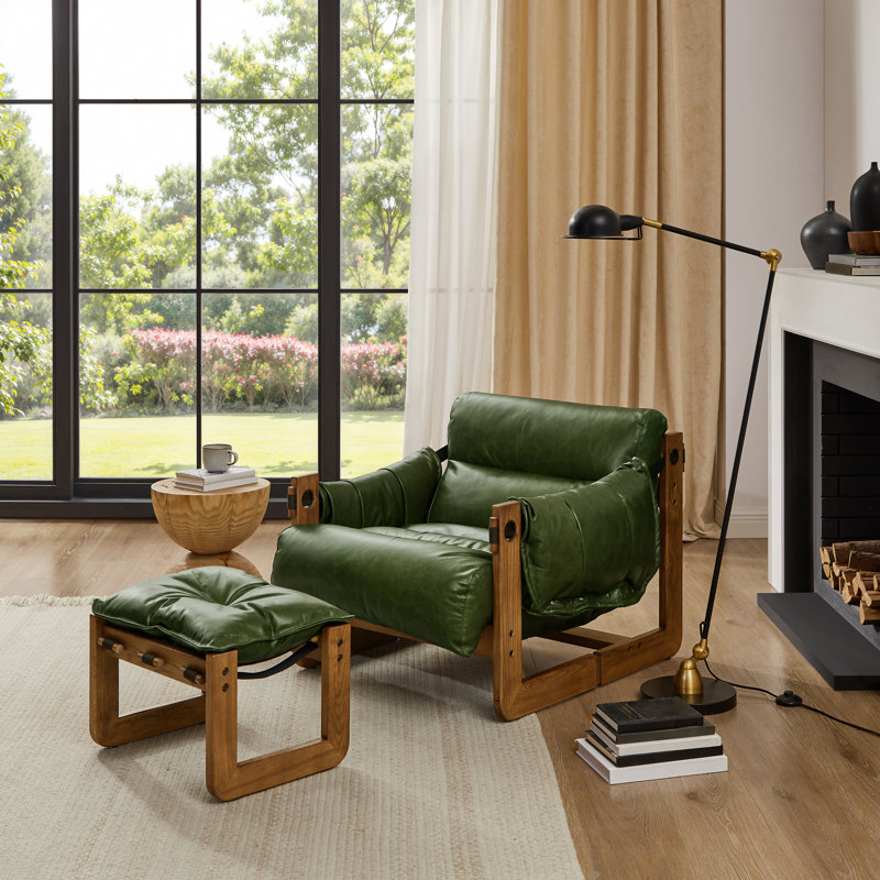 Devin 16.93'' W Genuine Leather Upholstered Rectangle Ottoman With Solid Ash Wood Base, Green