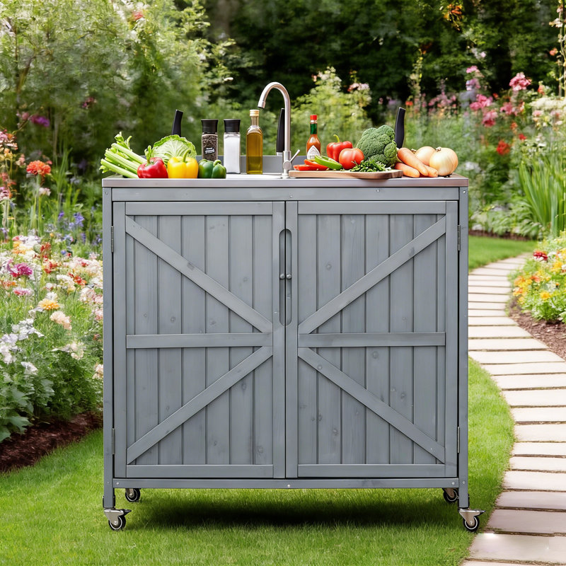 Îlot de cuisine à roulettes 39,4 "avec évier et robinet en acier inoxydable 304, Bleu