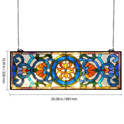Panneau de fenêtre en vitrail, panneau de fenêtre suspendu de style Tiffany 35,1 po x 12,9 po avec chaîne, grand vitrail rectangulaire horizontal, artisanat rétro traditionnel pour la cuisine