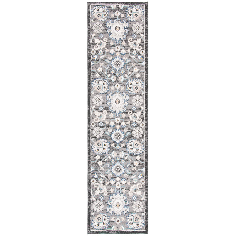 Tapis intérieur/extérieur gris foncé/ivoire oriental Slesnick, Tapis de couloir 2 pi x 8 pi