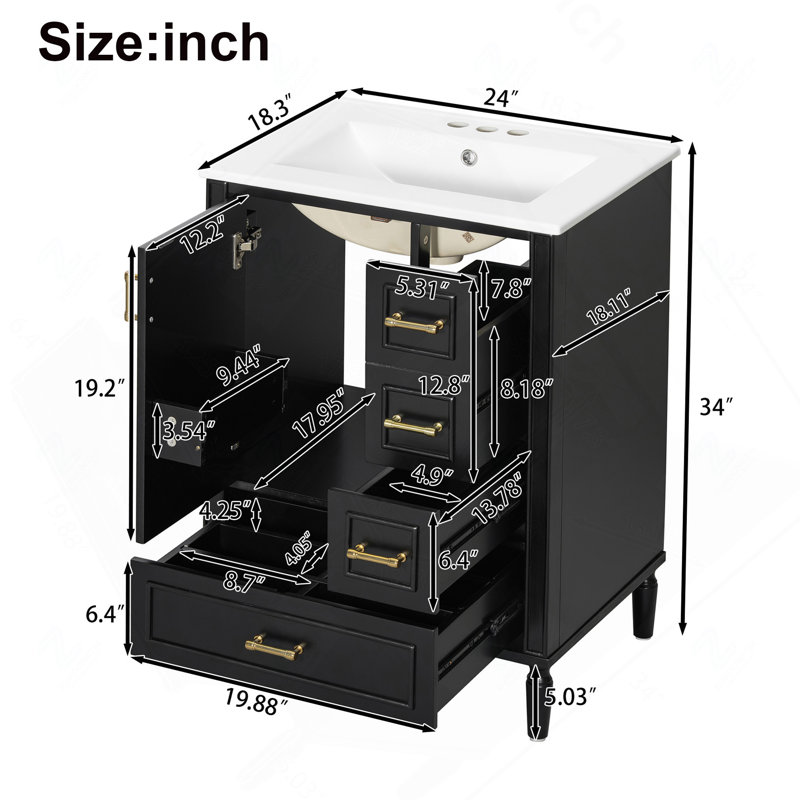 Évier en céramique de 24 po, porte à fermeture en douceur, 3 tiroirs, poignées dorées et support de porte pour un rangement peu encombrant