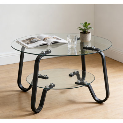 Retro Minimalist Style Metal Frame Double-Layer Tempered Glass Coffee Table, Size 31.5 * 31.5 * 17.7 Inches, Black
