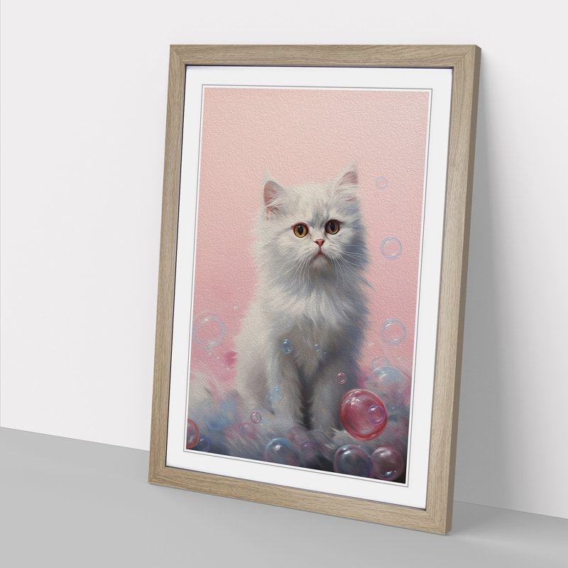 Persian Cat Bubble Gum Painting - Single Picture Frame Print on Wood, Oak Framed, 46cm H x 34cm W x 2cm D