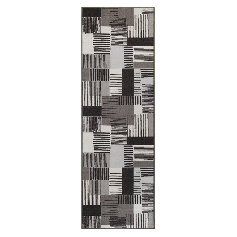 Tapis gris / noir en polypropylène tissé à la machine Cassarah, Tapis de couloir 2 pi x 10 pi