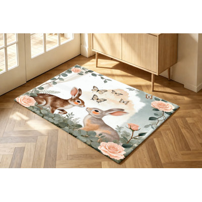 Vintage Watercolor Bunny Butterfly Floral Area Rug, Sweet Rose Pattern, Soft Durable, Machine Washable Non-Slip Floor Mat, Stylish Indoor Home Decor for Living Room, Bedroom, Entryway, Kitchen, Dormitory, Apartment