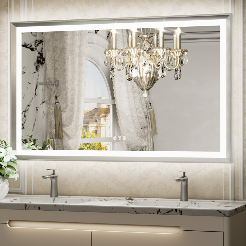 Miroir de salle de bain à DEL New Rockford, 48 po x 30 po, Argent, Rectangulaire