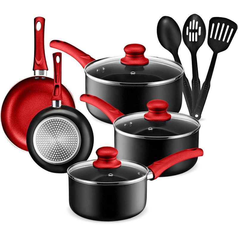 11-Piece Red and Black Nonstick Aluminum Cookware Set