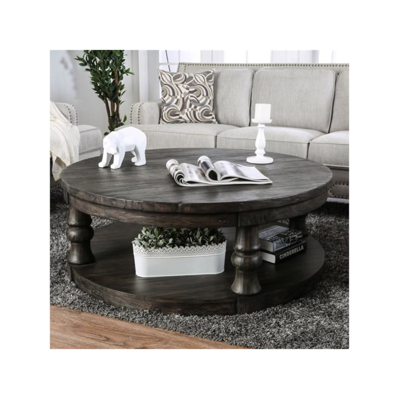 Table basse ronde en bois de style rustique avec pieds gris tournés et tablette ouverte, Gris antique