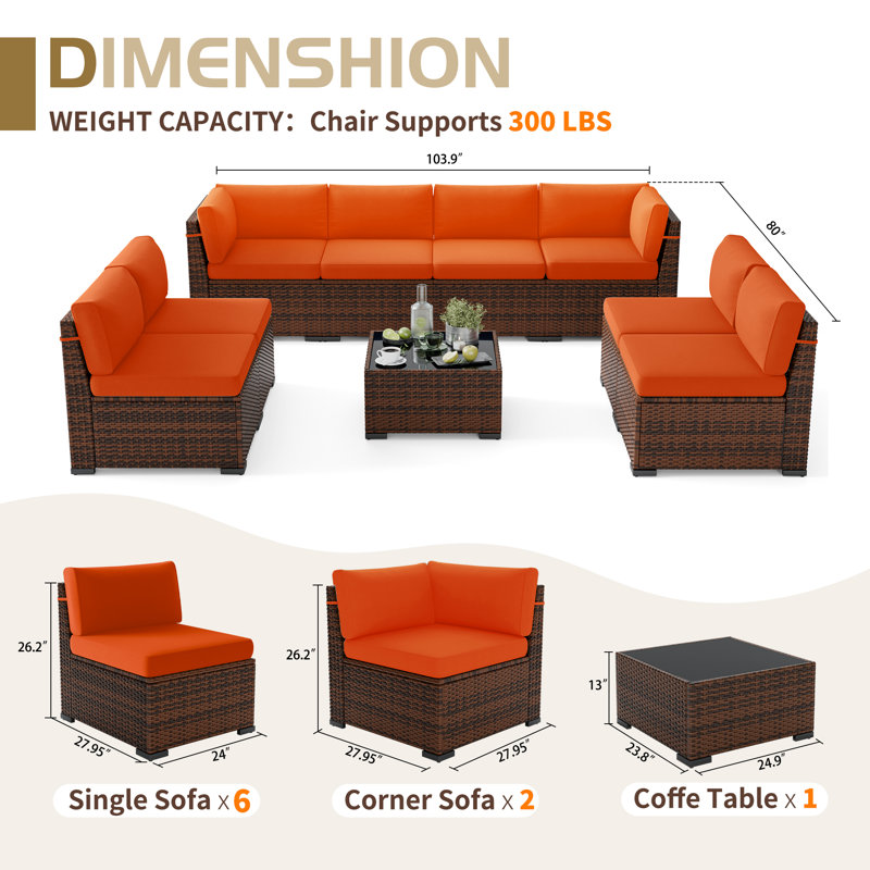 Ensemble de conversation modulaire en rotin pour 8 personnes avec coussins, Orange, Non