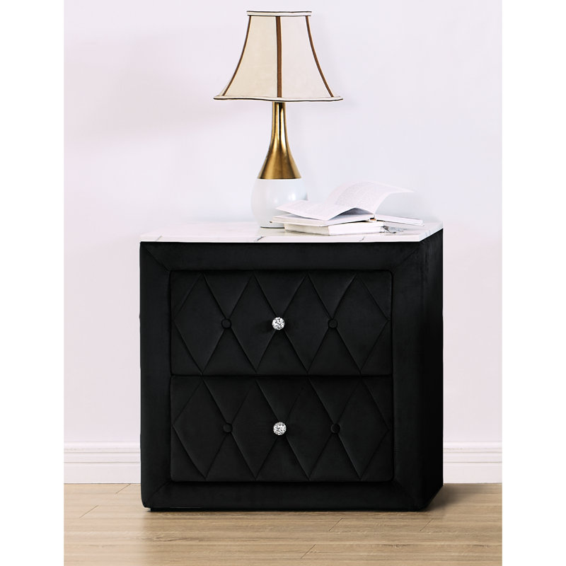 Élégante table de chevet avec plateau en faux marbre et 2 tiroirs pour une chambre à coucher moderne avec boutons en noir