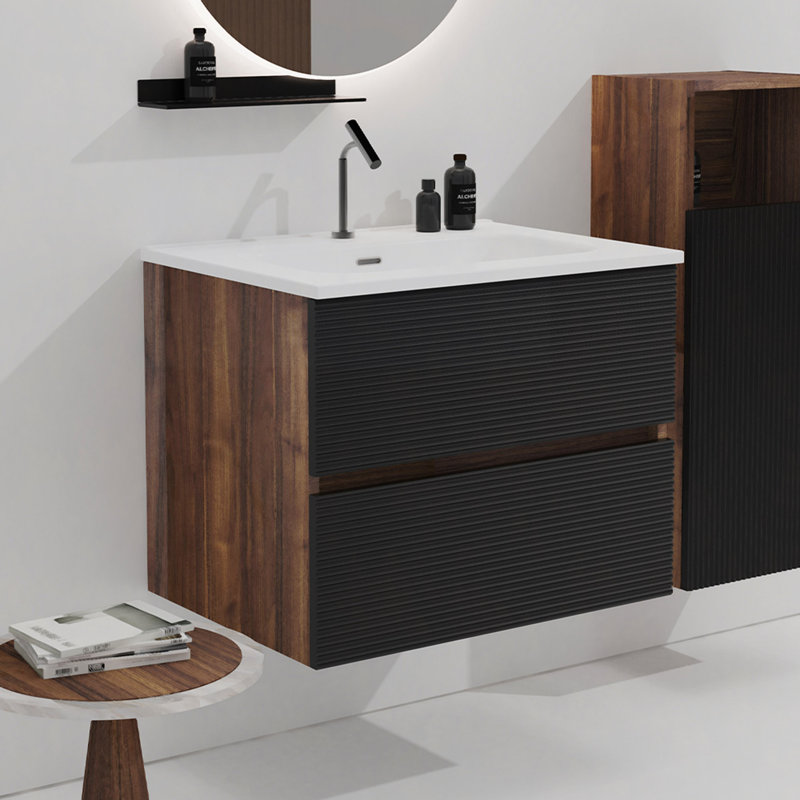 Meuble-lavabo mural noir doux 24 po avec lavabo intégré en céramique avec trop-plein, grand meuble-lavabo flottant de rangement pour salle de bain, pré-assemblé