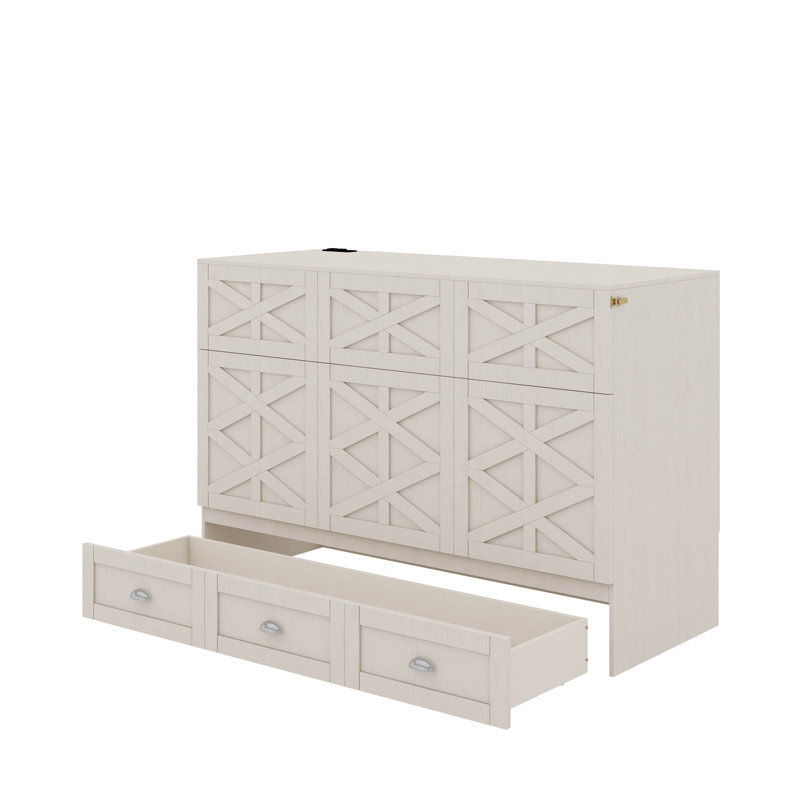 Lit escamotable double avec grands tiroirs, Blanc brossé, Full